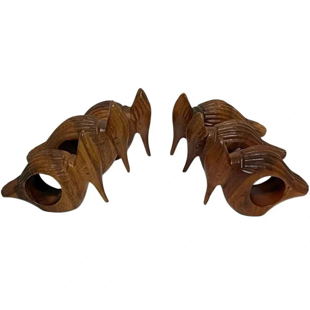 Woodpecker Bird Napkin Rings Hand Carved Wood Rustic Farmhouse Cabin Set of 6